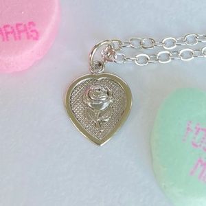 Rose Heart Charm Necklace, Handmade, Retro, Dainty, Antique Silver, 16.5" Long